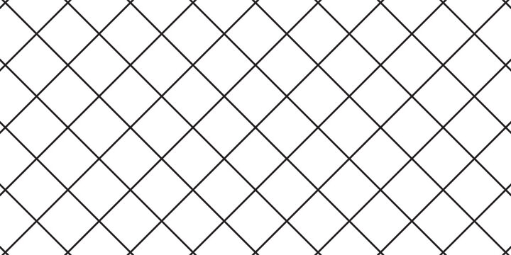 Diagonal cross line grid seamless pattern. Geometric diamond texture. Black diagonal line mesh on white background. Minimal quilted fabric. Metallic wires fence pattern. Modern Vector