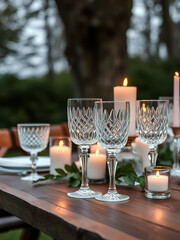 Crystal cut-glass goblets and candles arranged on a rustic wooden outdoor table. Concept Crystal Glassware, Candles, Rustic Outdoor Table, Elegant Table Decor, Romantic Ambience