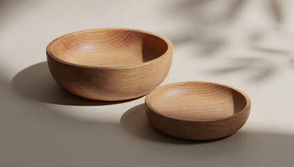 Natural Wooden Bowls on Neutral Background
