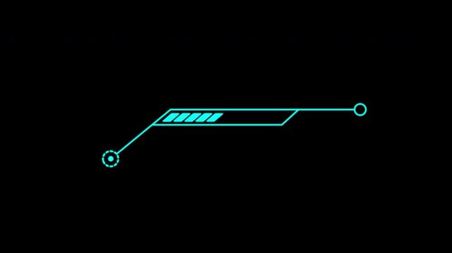 High-tech futuristic progress bar animation featuring a glowing blue neon line with HUD interface elements on a dark background. Ideal for technology presentations, data loading screens