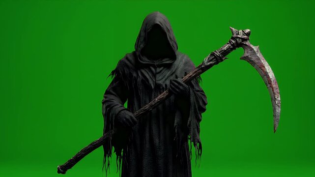 Dark Hooded Wraith with Ancient Scythe Isolated on Green Screen 8K
