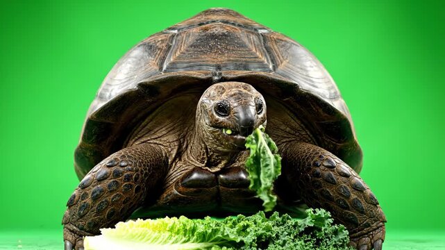 Giant tortoise eats greens against a solid green backdrop
