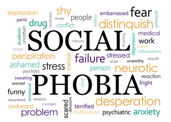 Obraz premium Social phobia, set of related terms. Many words on white background