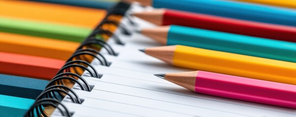 Fototapeta premium School Exam Routine concept. Colored pencils on a spiral notebook with lined pages arranged in a row
