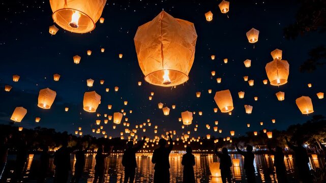 view at night of many buddhist people floating sky lanterns to the sky, Lantern Festival Chiang Mai, northern of Thailand.