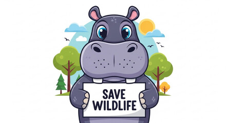 Fototapeta premium Cartoon hippopotamus holding 'save wildlife' sign in forest with trees and sunny sky