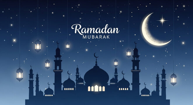 Ramadan mubarak greeting card with mosque silhouette at night crescent moon stars and lanterns