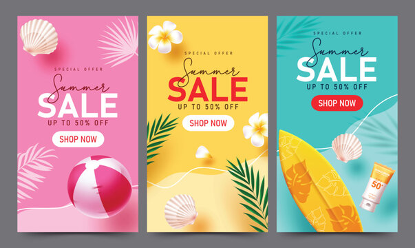 Summer Sale clipart poster set. Summer Sale special offer shopping discount clip art with summer elements in colorful abstract background for tropical season tags and fliers advertisement collection 