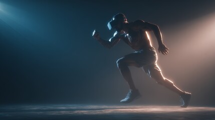 Obraz premium Athlete performs motion in dark studio space with VR headset under spotlight