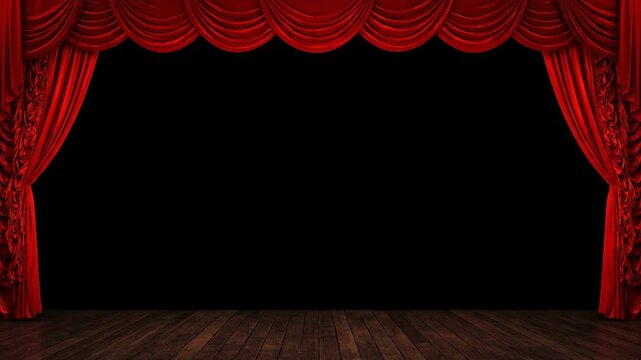 Open red velvet theater curtains on a wooden stage floor with black background, ready for performance