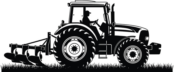 Farmer driving tractor with plow on field, agricultural machinery silhouette isolated on gray background, farming and rural cultivation vector illustration © Samol
