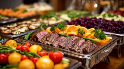 Buffet food display in restaurant with meat, fruits, and vegetables served for guests during dinner event
