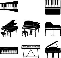 Grand and Upright Piano Keyboard Silhouette Collection, Black Acoustic and Digital Music Instruments Vector Set Isolated on White Background © Shuda