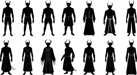 Horned demon warrior silhouette collection featuring dark fantasy mythological characters, medieval robes and armor costumes, black vector figures for games, posters, branding, concept art,  © Shuda