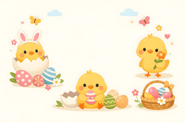 Naklejka premium A colorful Easter illustration featuring cartoon chicks and eggs in a festive setting Easter Day