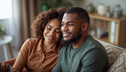 Fototapeta premium Smiling couple cuddling on sofa in cozy living room, warm affectionate moment