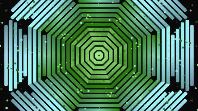 Futuristic neon green octagonal pattern with glowing lines and dots on black background, abstract technology concept, 3D rendering, modern digital art style