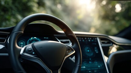 Obraz premium Close-up view of steering wheel in modern electric car with digital dashboard and daylight shining through windshield