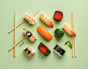 Sushi rolls and nigiri arranged on a green background with chopsticks and garnishes
