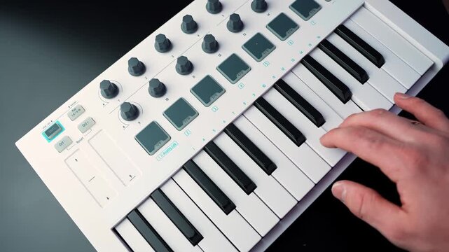Close-up of a hand playing a melody on a compact MIDI controller keyboard with pads and knobs on a desk, showing modern home recording and music production workflow.