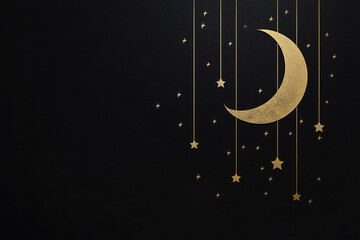 Naklejka premium A gold glitter crescent moon and stars hanging from strings against a black background