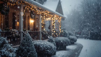 Fototapeta premium Cozy snow covered porch with warm string lights and festive garland creating peaceful holiday