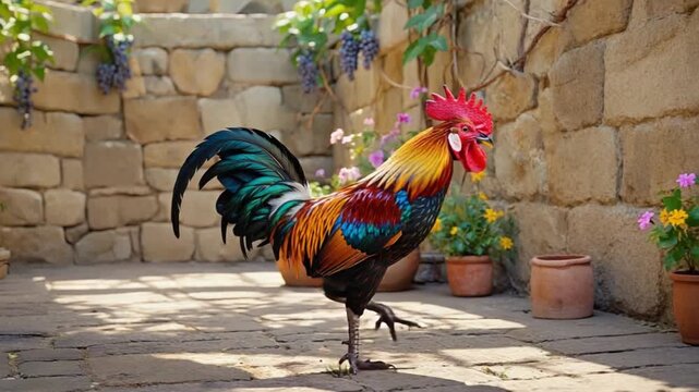 Vibrant rooster standing in charming courtyard with potted plants and stone wall