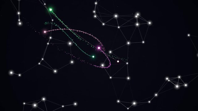 Motion trails of colorful light streak across a constellation pattern in the night sky background with stars.