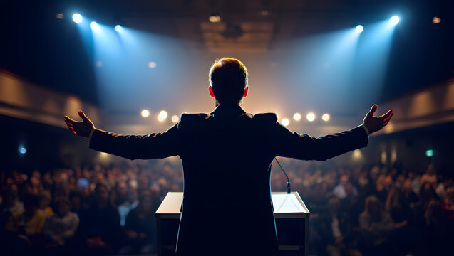 Inspiring Orator on Stage: An impressive orator captivates the audience with his impactful words, silhouetted against a stage bathed in dramatic lighting.