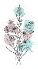 Delicate Floral Sketch with Pastel Watercolor Splashes, Botanical Illustration