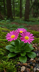 Vibrant Pink Flowers in a Serene Forest Setting