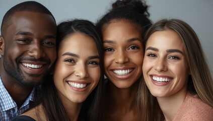Fototapeta premium Smiling diverse friends portrait, warm joyful closeup group expression