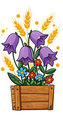 Cartoon Illustration of Purple Bellflowers, Wheat, and Colorful Flowers in Wooden Box