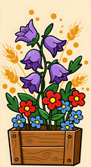 Whimsical Flower Box: Purple Bells, Red Daisies, and Blue Forget-Me-Nots with Wheat Accents
