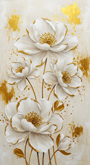 Elegant White and Gold Floral Arrangement with Textured Background and Delicate Gold Splatters