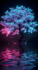 Illuminated Cherry Blossom Tree Reflecting in Water with Vibrant Neon Colors