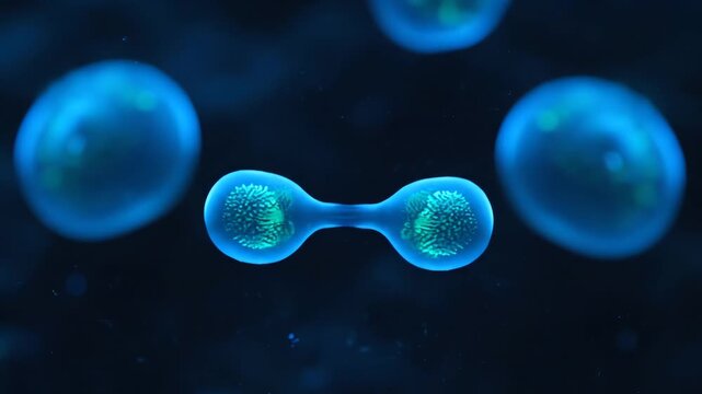 Cell Division Process Observed Under Microscope a Single Cell Undergoing Mitosis and Splitting into Two Daughter Cells