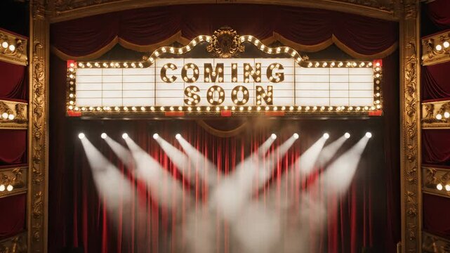 Vintage Theater Marquee with Illuminated COMING SOON Sign and Dramatic Stage Lighting