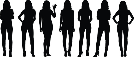 Vector illustration of female silhouettes in various standing poses, body language design elements, artistic outline for creative projects and concepts © anisur-creatives