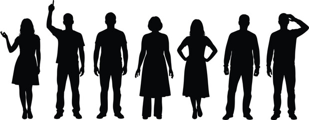 Vector illustration of diverse human silhouettes in standing poses and gestures, artistic body language design elements for creative projects and concepts © anisur-creatives