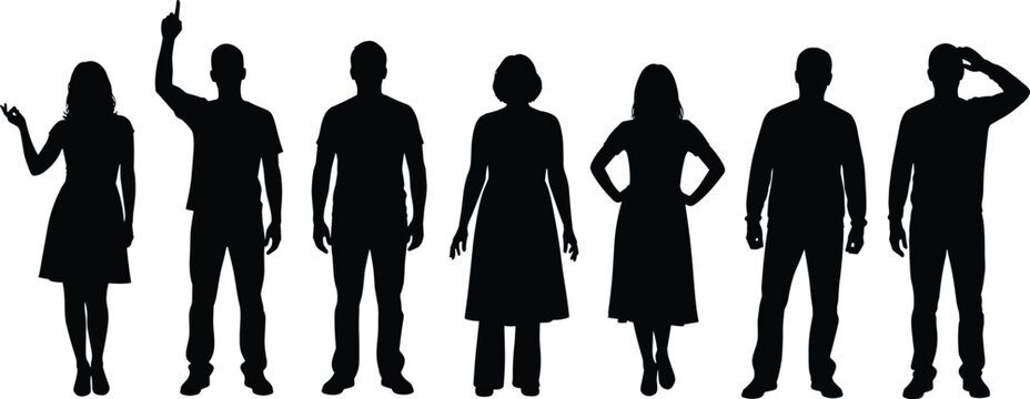 Vector illustration of diverse human silhouettes in standing poses and gestures, artistic body language design elements for creative projects and concepts