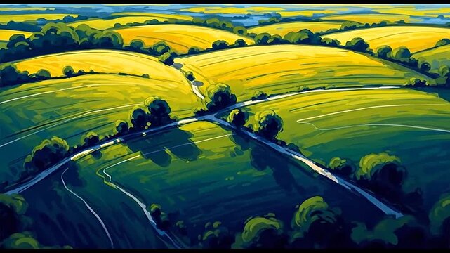Stylized aerial view of rolling green and yellow fields