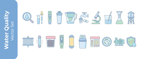Fototapeta premium Vector icon set of 20 water quality testing and filtration icons in a flat design pastel palette. Features laboratory equipment, purification systems, pH meters, and safety symbols for analysis and