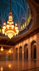 Obraz premium Opulent hall with warm golden chandeliers, tall arches, polished floor, and reflective, serene ambience. Grand