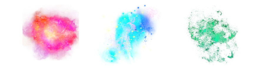 Fototapeta premium PNG image of&nbsp;Three colorful cosmic nebula formations showing vibrant gas clouds and distant twinkling stars on transparent background