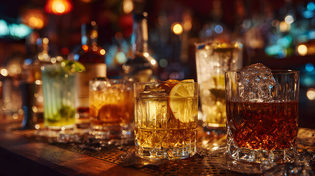 Variety of Alcoholic Beverages on a Lit Bar Counter