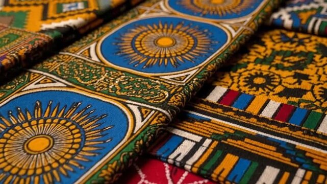 Close-up of colorful African wax print fabrics with intricate patterns and vibrant colors.