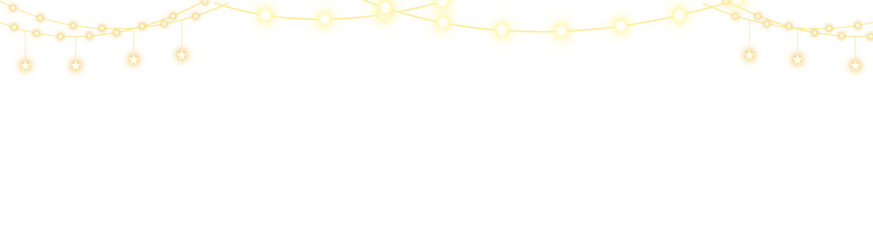 Fototapeta premium PNG image of Golden string lights with glowing star bulbs hanging festively across the top on transparent background