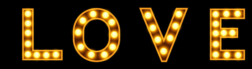 PNG image of Stunning marquee light bulbs spell out the word love against a dark background design © NURUN