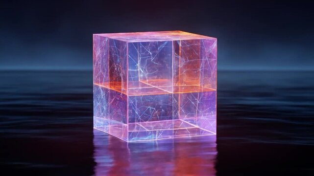 Abstract glowing cube floating above reflective surface